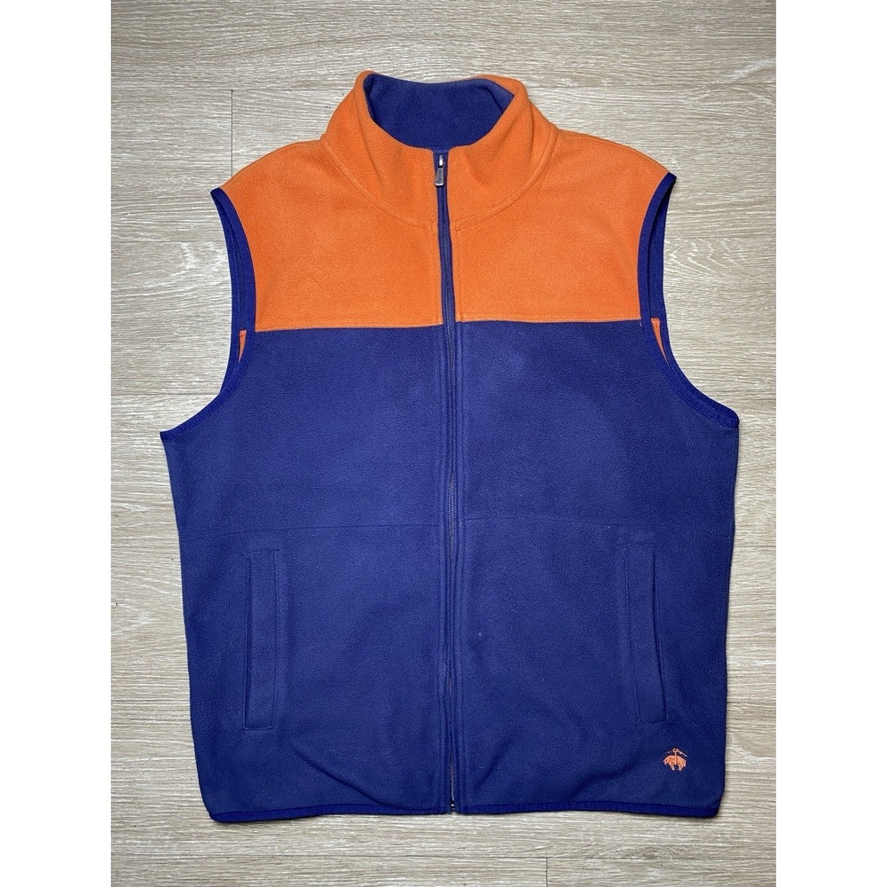 Men's Size LARGE Brooks Brothers 356 Vest Orange Navy Fleece Sleeveless Full Zip